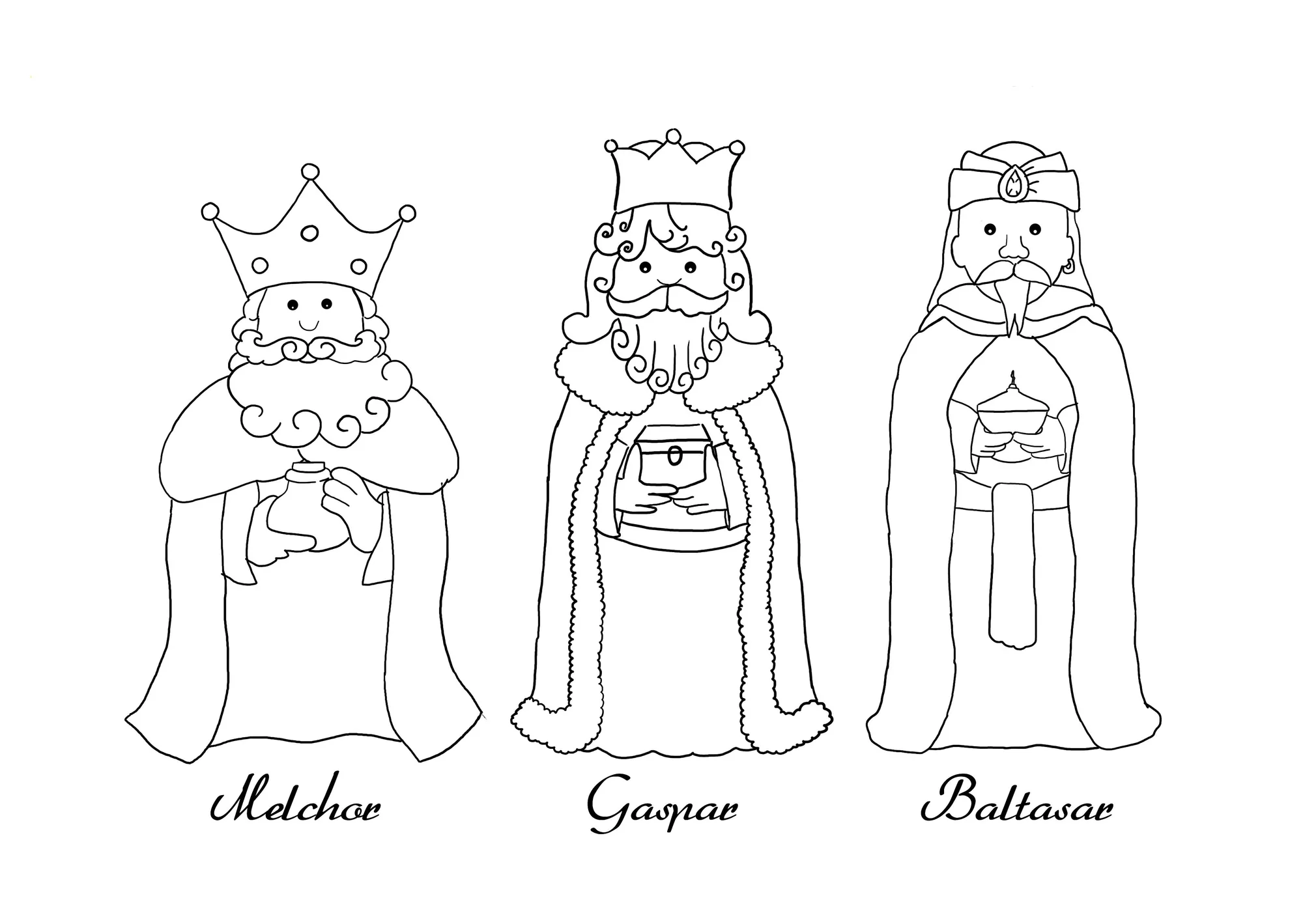Coloring page with three kings' gifts