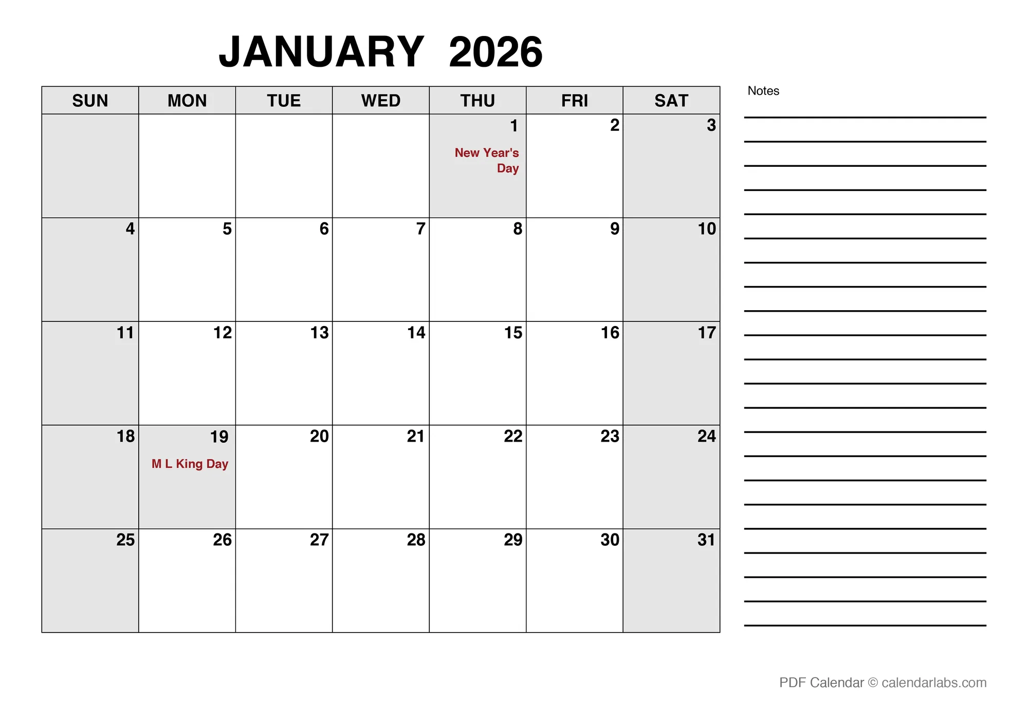 January 2026 calendar with holidays
