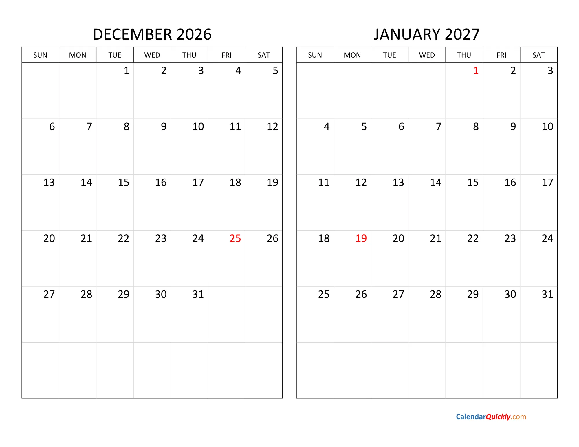 January 2027 printable calendar