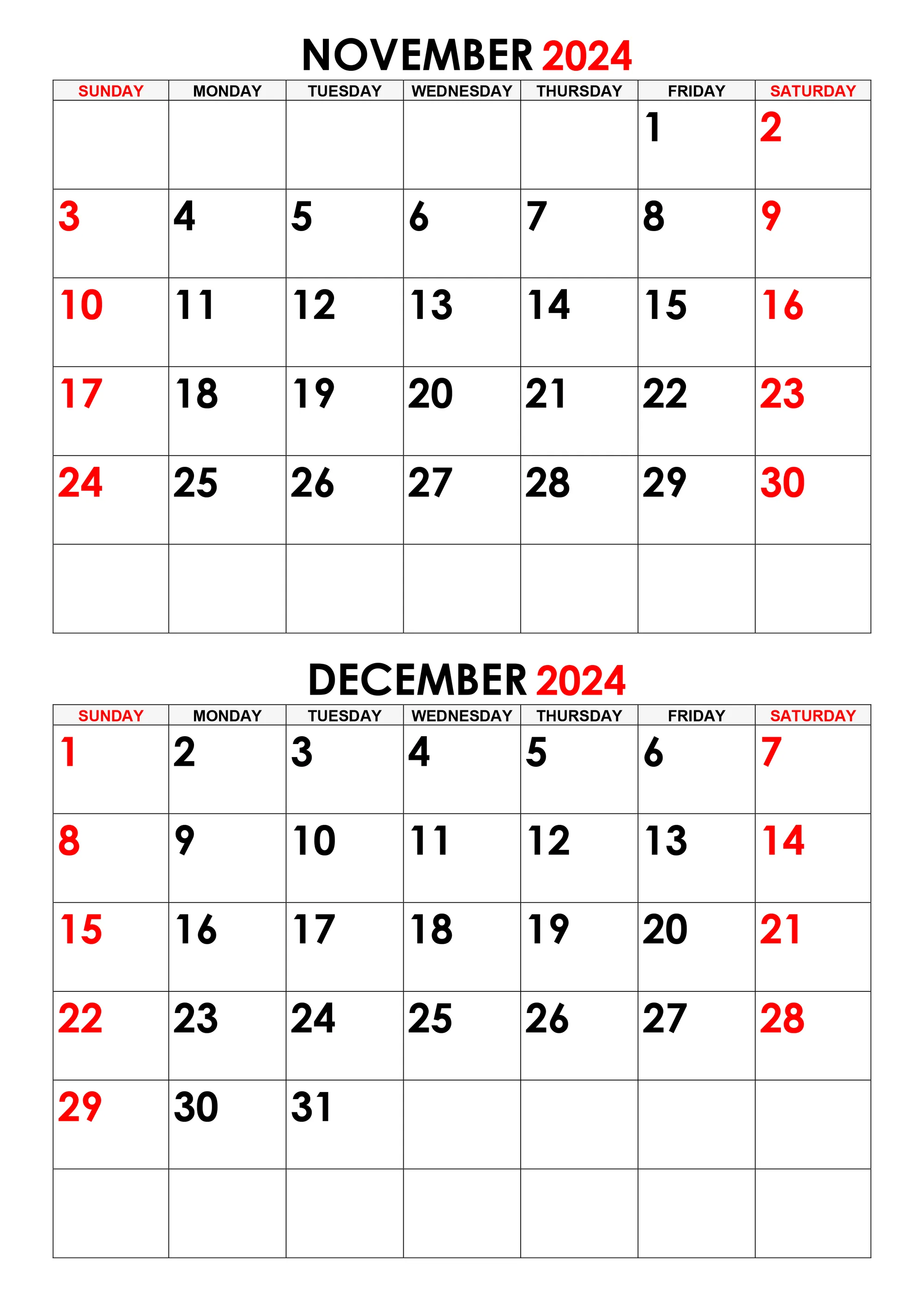 November and December 2024 calendar