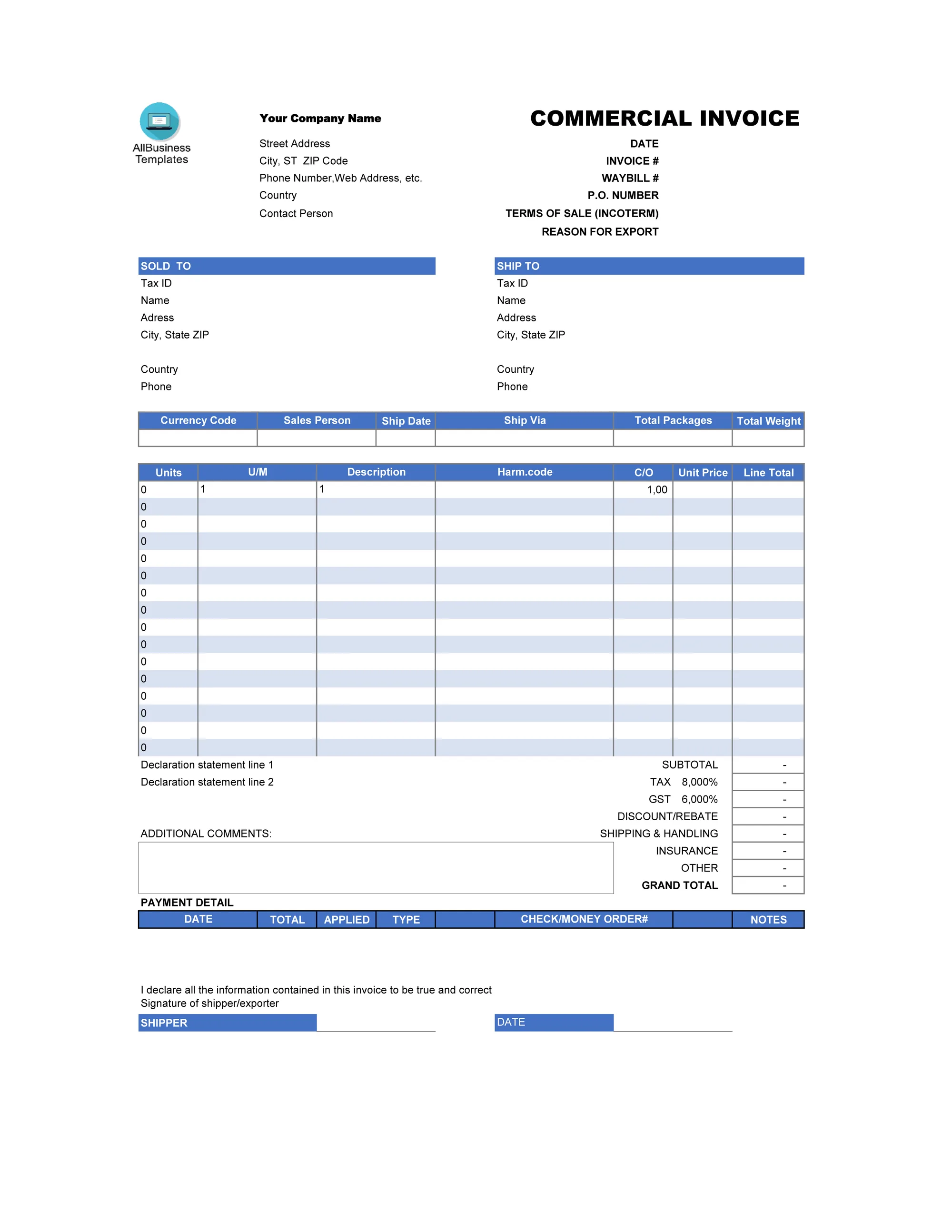 An Excel template for commercial invoices